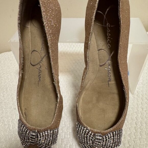 Jessica Simpson Gold Glitter Square Toe Flats Rhinestone Bow Bling Party Sz 6M - Picture 2 of 4